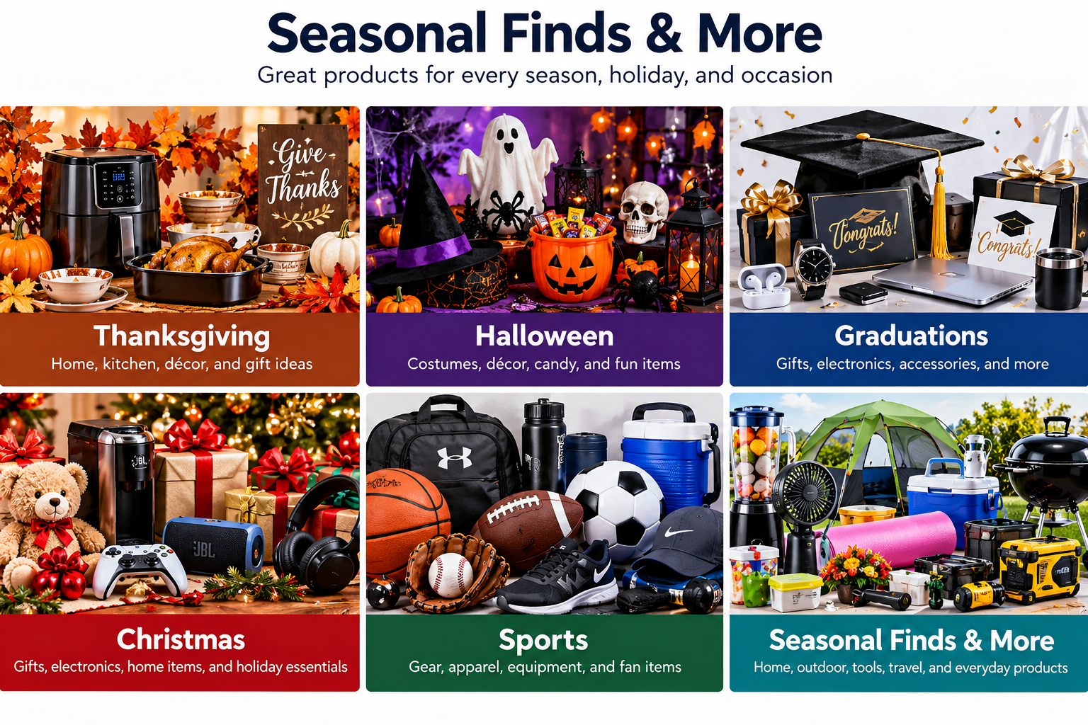 Thanksgiving, Halloween, graduation, Christmas, sports, and seasonal merchandise collage